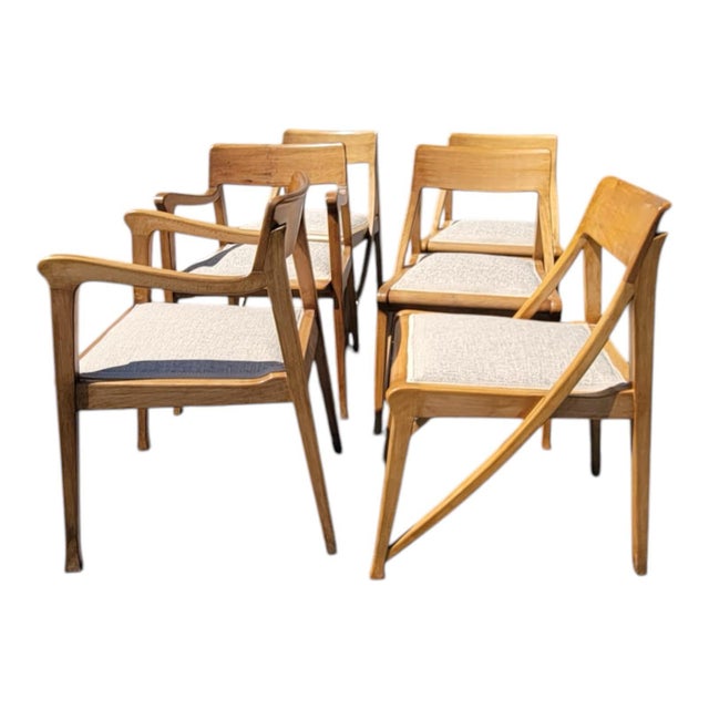 Brown 1950s Set of 6 Mid-Century Rock Maple Dining Chairs by Riemerschmid – 2 Arm, 4 Side For Sale - Image 8 of 11