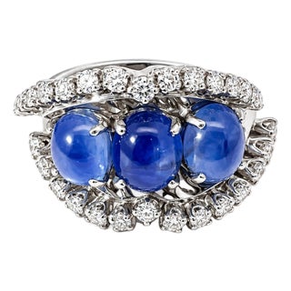 Vintage 14k White Gold 3-Stone Star Sapphire & Diamond Cocktail Ring, Size 5.25 For Sale