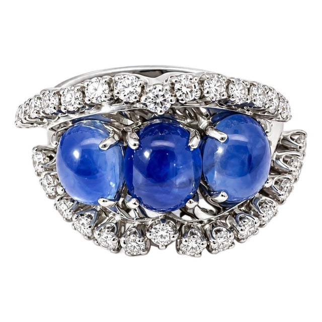 Vintage 14k White Gold 3-Stone Star Sapphire & Diamond Cocktail Ring, Size 5.25 For Sale