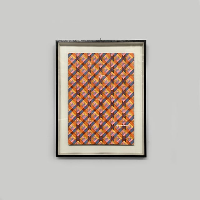 Italian abstract painting, 1970s Painting with silkscreen print on canvas. The subject consists of a dense geometric...