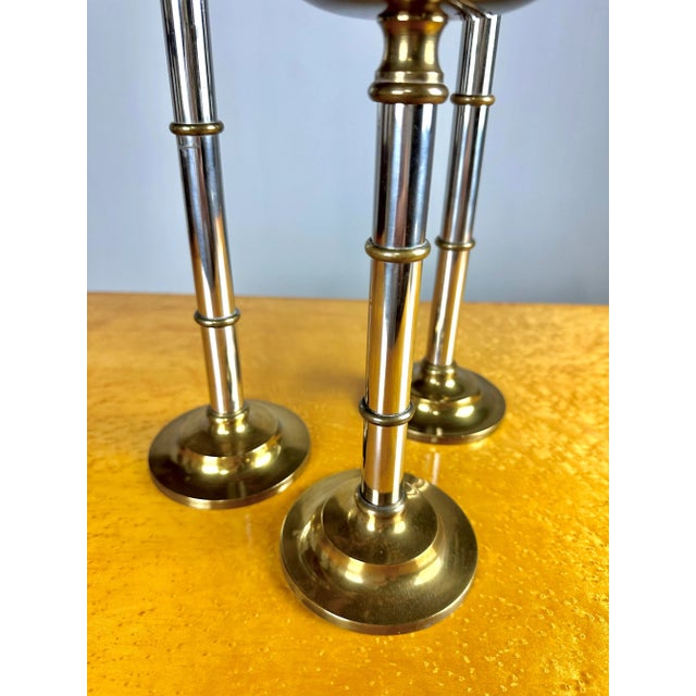 1980s Vintage Maitland Smith Style Chrome and Brass Faux Bamboo Candlestick Holders—set of 3 For Sale - Image 5 of 8
