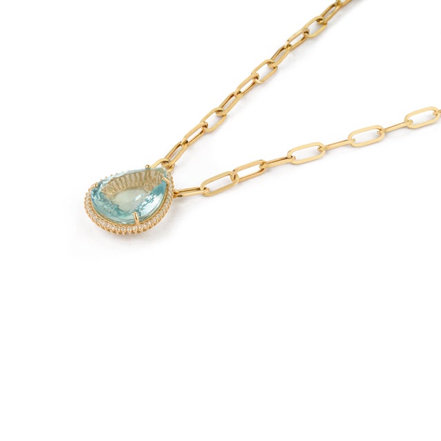 Metal Certified 14.22Ct Aquamarine & Diamond Paperclip Pendant Necklace in 14k Gold For Sale - Image 7 of 17