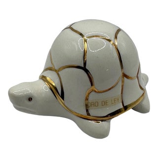 Mid-Century Modern Ceramic Turtle Figurine - White With Gold Accent For Sale