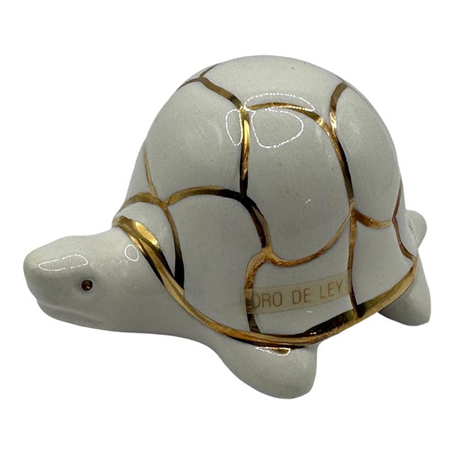 Mid-Century Modern Ceramic Turtle Figurine - White With Gold Accent For Sale