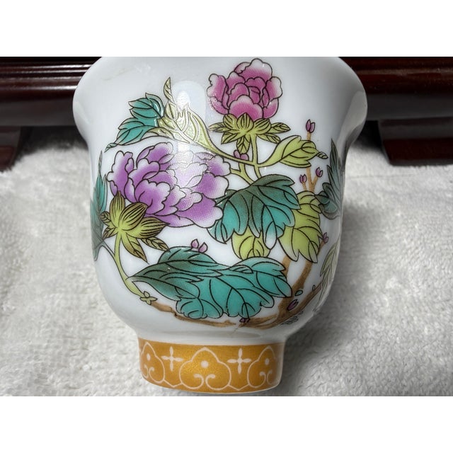Rose Late 20th Century Kangxi Signed Chinese Famille Rose Flower Cups W/Poem Hand Painted - a Pair For Sale - Image 8 of 12