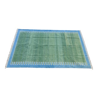 Handmade Cotton Vegetable Dyed Green Zig Zag Pattern Rug - 6'x9' For Sale