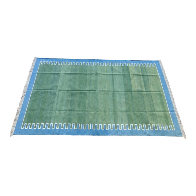 Handmade Cotton Vegetable Dyed Green Zig Zag Pattern Rug - 6'x9' For Sale