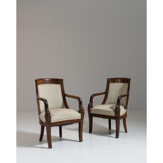 Pair of 19th Century French Chestnut Brown Empire Upholstered Armchairs For Sale - Image 9 of 15