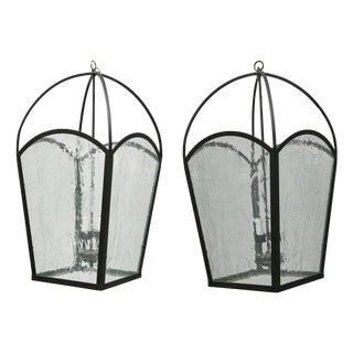 Pair of Large French 1900s Iron Lanterns with Rippled Glass, Rewired for USA For Sale