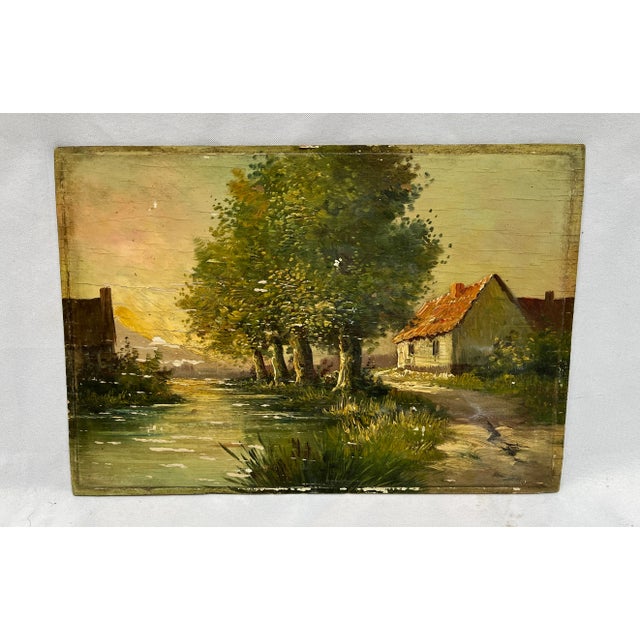 Paint Vintage European Cottage Landscape Oil Painting For Sale - Image 7 of 9