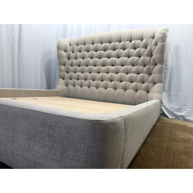 Attributed to Arhaus Tufted Wingback Upholstered Bed — King Custom Greige Upholstery | Deep Button Tufting | Fully Upholstered Frame For Sale - Image 13 of 17