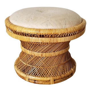 Vintage Boho Chip Woven Wicker Ottoman Sold For Sale