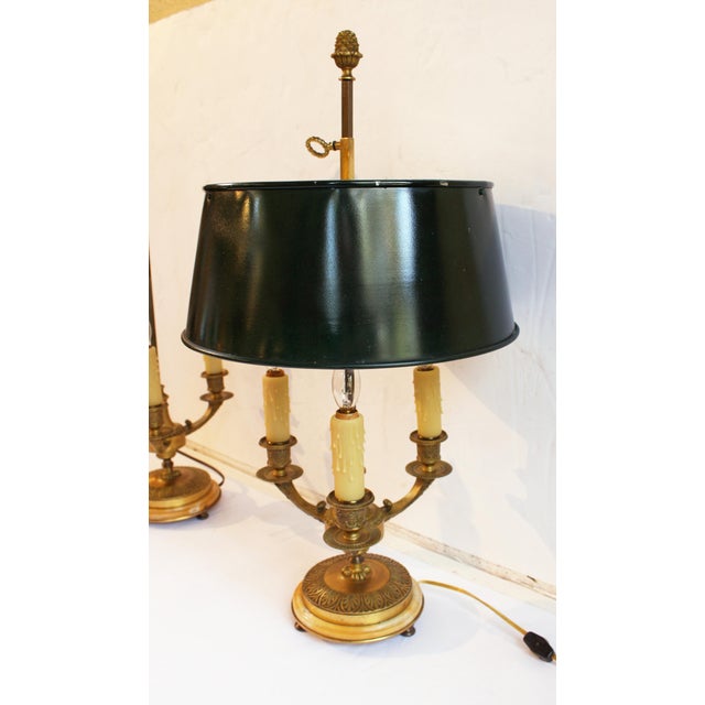 Circa 1920 Pair of French Bronze and Marble Bouillotte Lamps For Sale - Image 9 of 9