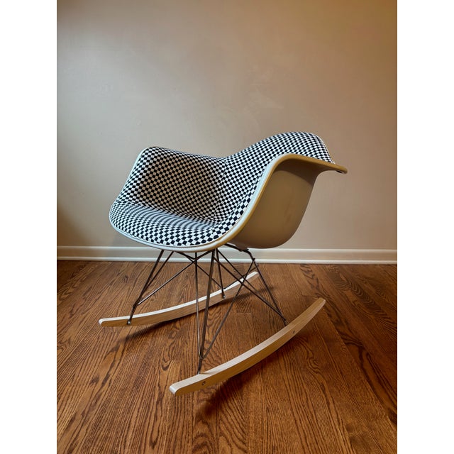 Mid-Century Modern Eames Molded Plastic Arm Chair With Rocker Base and Fully Upholstered Shell For Sale - Image 3 of 6