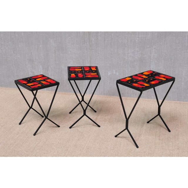 French Modern Nesting Tables with Red and Orange Ceramic Tile Tops, 1950s, Set of 3 For Sale - Image 13 of 15