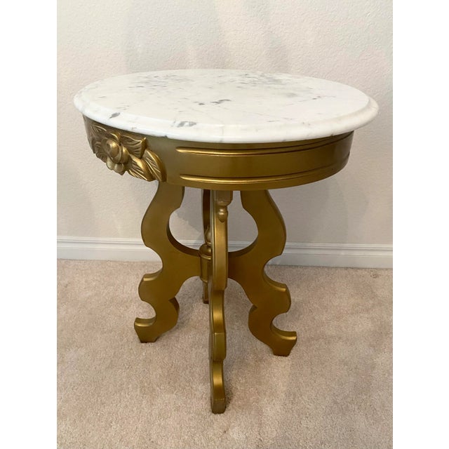 Victorian Victorian Style Oval Marble Top Gold Color Accent Table Excellent Condition Vintage For Sale - Image 3 of 10