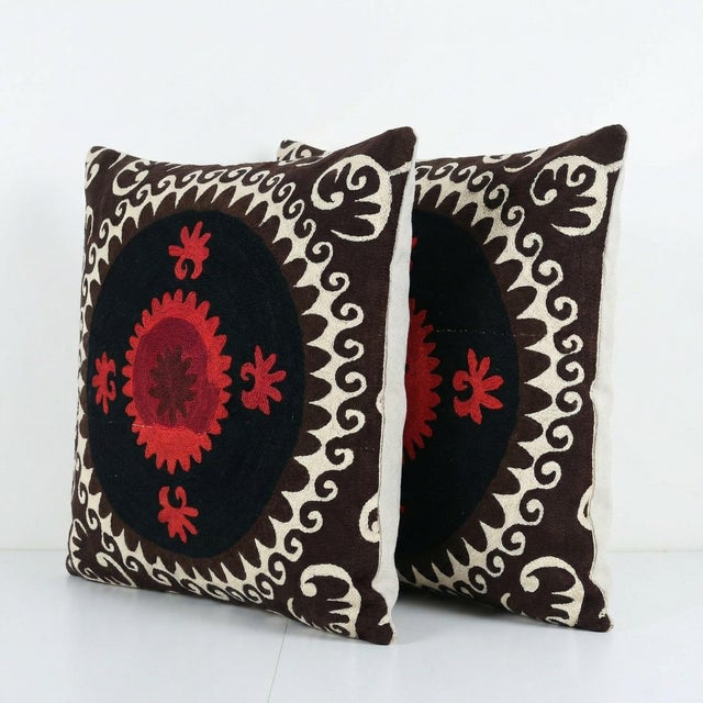 Mid-Century Modern Tashkent Suzani Pillow Cover 24'' X 24'' - Set of Two For Sale - Image 3 of 4