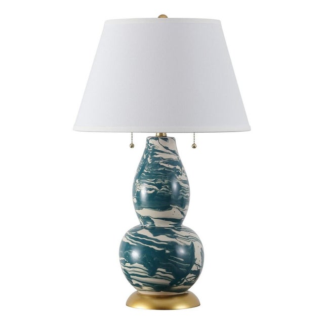 Contemporary Color Swirls Marbled Glass Table Lamp in Blue/White - a Pair For Sale - Image 3 of 6