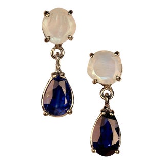 Moonstone and Kyanite Earrings in 14k Glowing White Gold - 2 Pieces For Sale