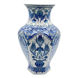 Handmade Ceramic Faceted Vase (30cm) Hexagonal Blue and White Cypress & Tulip Pattern For Sale