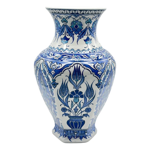 Handmade Ceramic Faceted Vase (30cm) Hexagonal Blue and White Cypress & Tulip Pattern For Sale