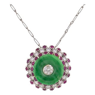 Mid Century Diamond Ruby Jade 18k White Gold Necklace For Sale