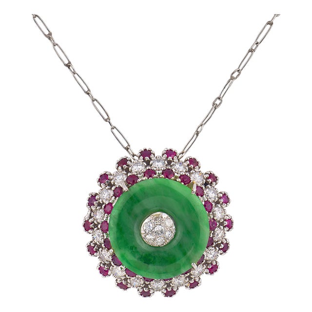 Mid Century Diamond Ruby Jade 18k White Gold Necklace For Sale