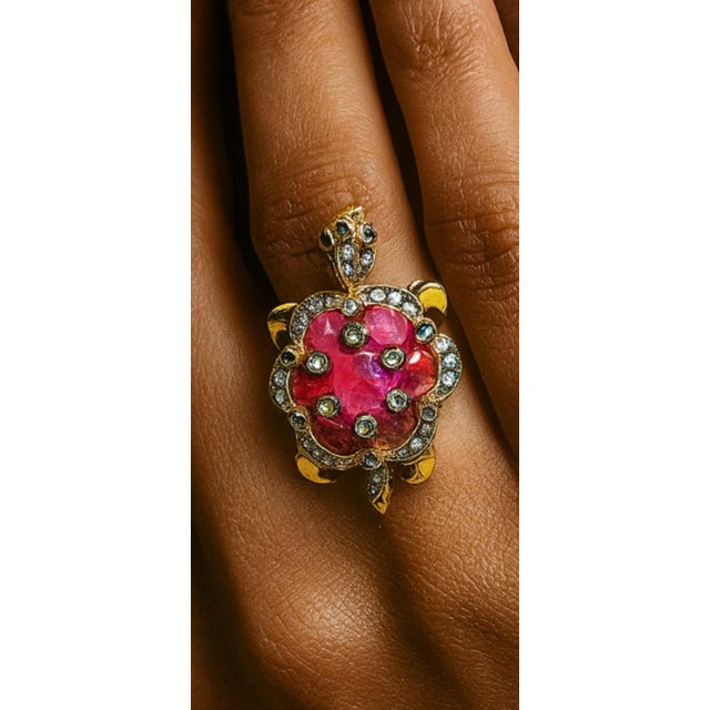 Bochic "Orient" Vintage Ruby & Diamond Turtle Cocktail Ring Set 18K & Silver For Sale - Image 9 of 12