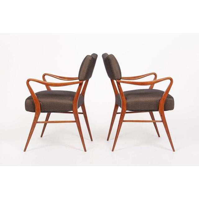 1950s Pair of Mid Century Modern Wood & Brown Upholstered Arm Chairs, 1950s For Sale - Image 5 of 11
