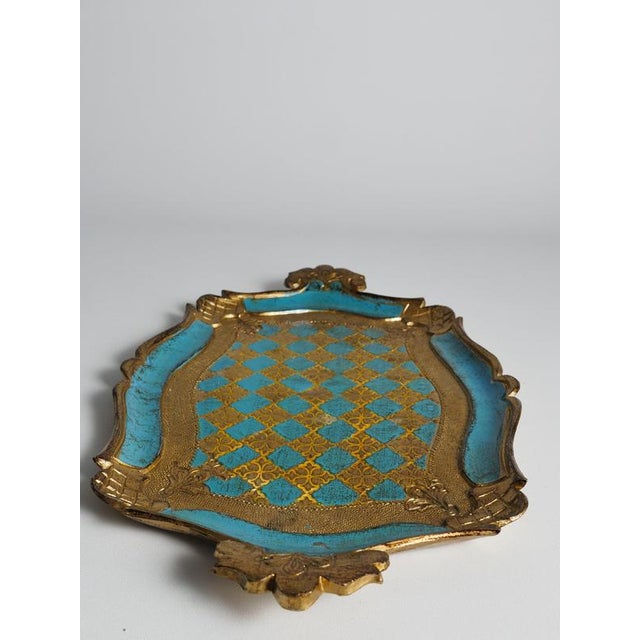Florentine Neo-Rococo Gilt and Turquoise Tray with Harlequin Pattern, Italy, 1950s For Sale - Image 6 of 18