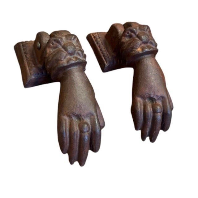 Victorian Pair of Vintage Victorian-Style Cast Iron Hand Door Knockers For Sale - Image 3 of 12