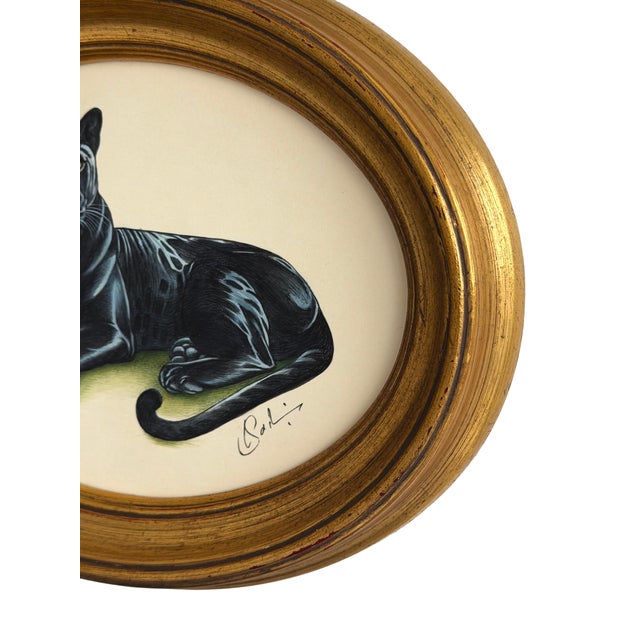 Figurative Original Hand-Painted Panther Painting in a Vintage Oval Frame For Sale - Image 3 of 3