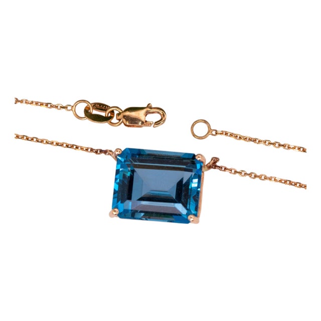 8.3cts London Blue Topaz Solitaire Pendant in Solid 14k Gold, Emerald 12x10mm For Sale