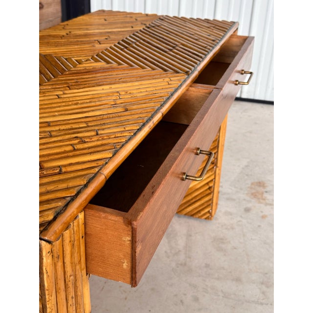 Brown Mid-20th Century Refinished Split Rattan Chevron Two Drawer Floating Vanity or Desk For Sale - Image 8 of 12