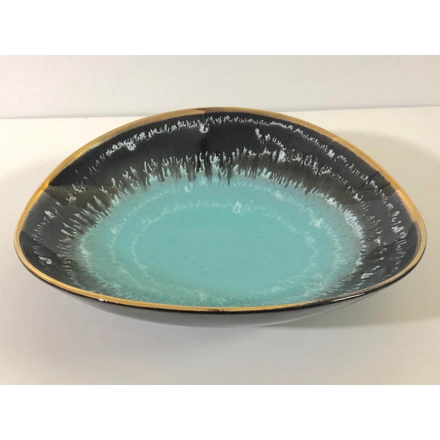 A beautiful Mid-Century Modern decorative German ceramic pottery bowl in black, robins egg blue and white with 24k gold...