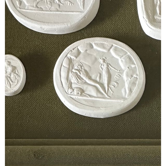 Gilt Framed White Plaster Grand Tour Intaglios / Cameos on Moss Green Velvet For Sale In Dallas - Image 6 of 6