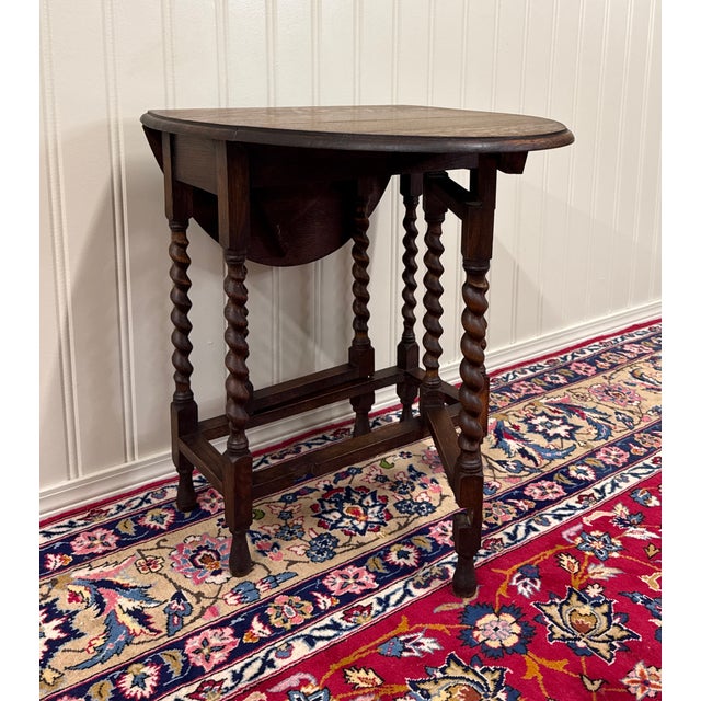 Antique English Table Drop Leaf Gateleg Barley Twist Oak Oval C. 1920-30s For Sale - Image 16 of 18