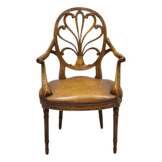 Late 20th Century Theodore Alexander Neoclassical Regency Style Carved Mahogany Leather Arm Chair For Sale