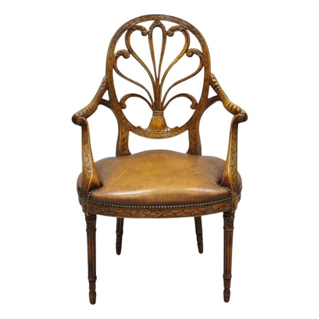 Late 20th Century Theodore Alexander Neoclassical Regency Style Carved Mahogany Leather Arm Chair For Sale