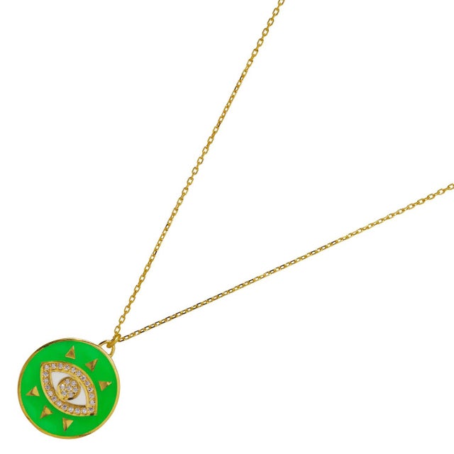 Early 21st Century Cheerful Neon Green Evil Eye & Diamond Pendant Gold Chain Necklace For Sale - Image 5 of 7