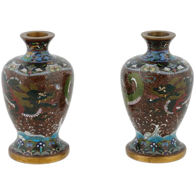 Japanese Antique Pair of Meiji Japanese Cloisonne Enamel Goldstone Dragon Vases For Sale - Image 3 of 8