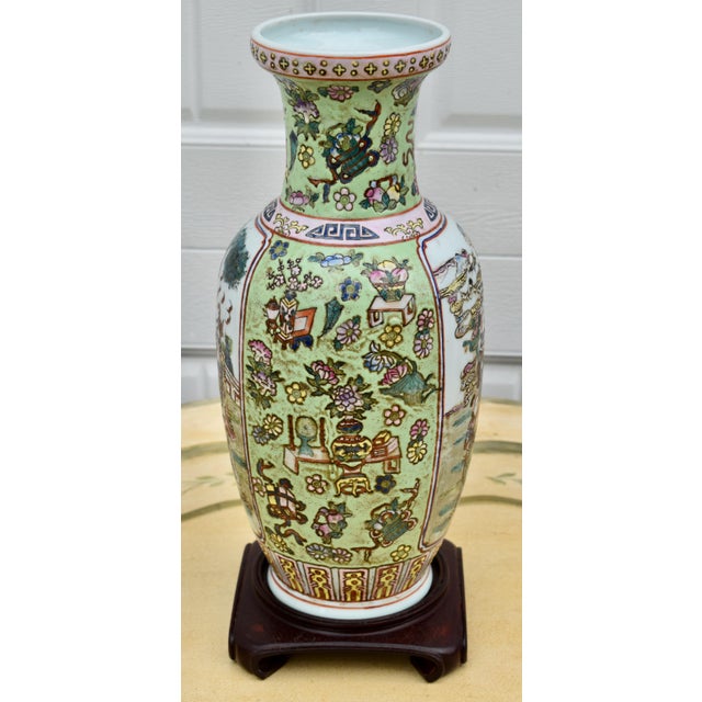 Vtg. Figural Raised Painted Chinese Vase W/Rosewood Stand For Sale - Image 14 of 15