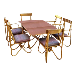 Restored Rattan "Loop" Leg Six Chairs and Dining Table Set
