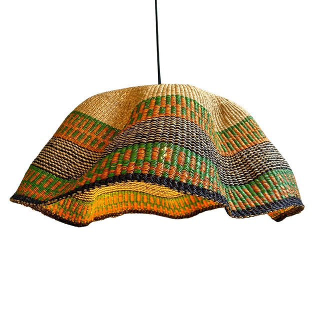 Tribal Vintage African Bolga Wave Tribal Basket Pendant Light For Sale - Image 3 of 4