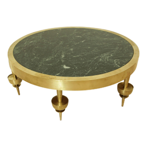 Modernist Art Deco Style Coffee Table in Brass With a Green Marble Top
