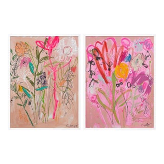 Wildflower Bouquet Diptych by Lesley Grainger in White Frame, Small Art Print For Sale