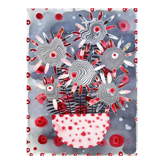 Flower Arrangement in Red Spotted Glazed Pot - Mixed Media Abstract Original Artwork by Krisanne Souter For Sale