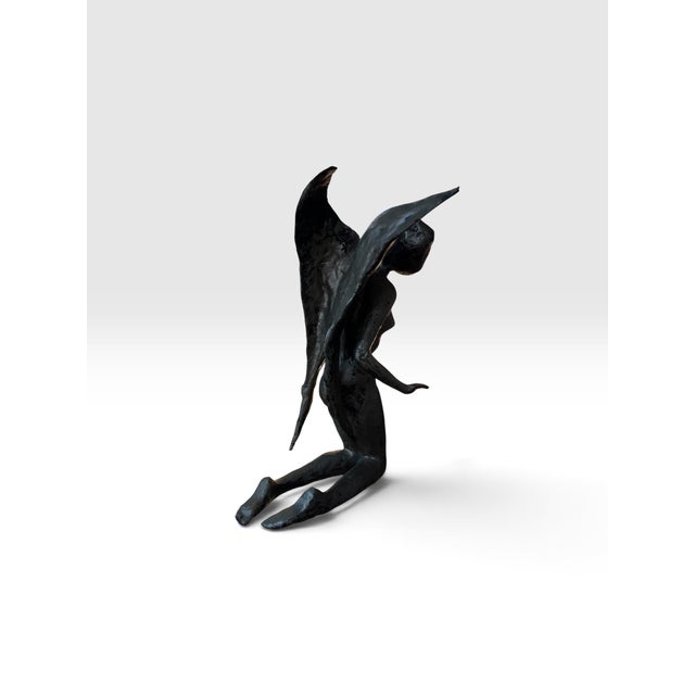 Silver Signed & Dated 1997 Modernist Bronze Kneeling Angel Sculpture For Sale - Image 8 of 10