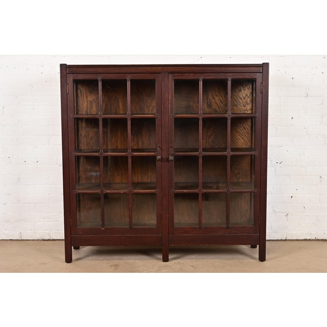 Stickley Brothers Style Antique Mission Oak Arts & Crafts Glass Front Bookcase Cabinet, Circa 1900 For Sale - Image 10 of 10