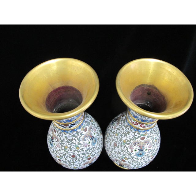 White Large Chinese White Enamel Cloisonne Colorful Flower Vase Pair For Sale - Image 8 of 14